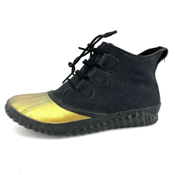 Sorel Women's 10.5 Out 'N About Plus Ankle Duck Boots Black Leather Gold Toe - Picture 1 of 9